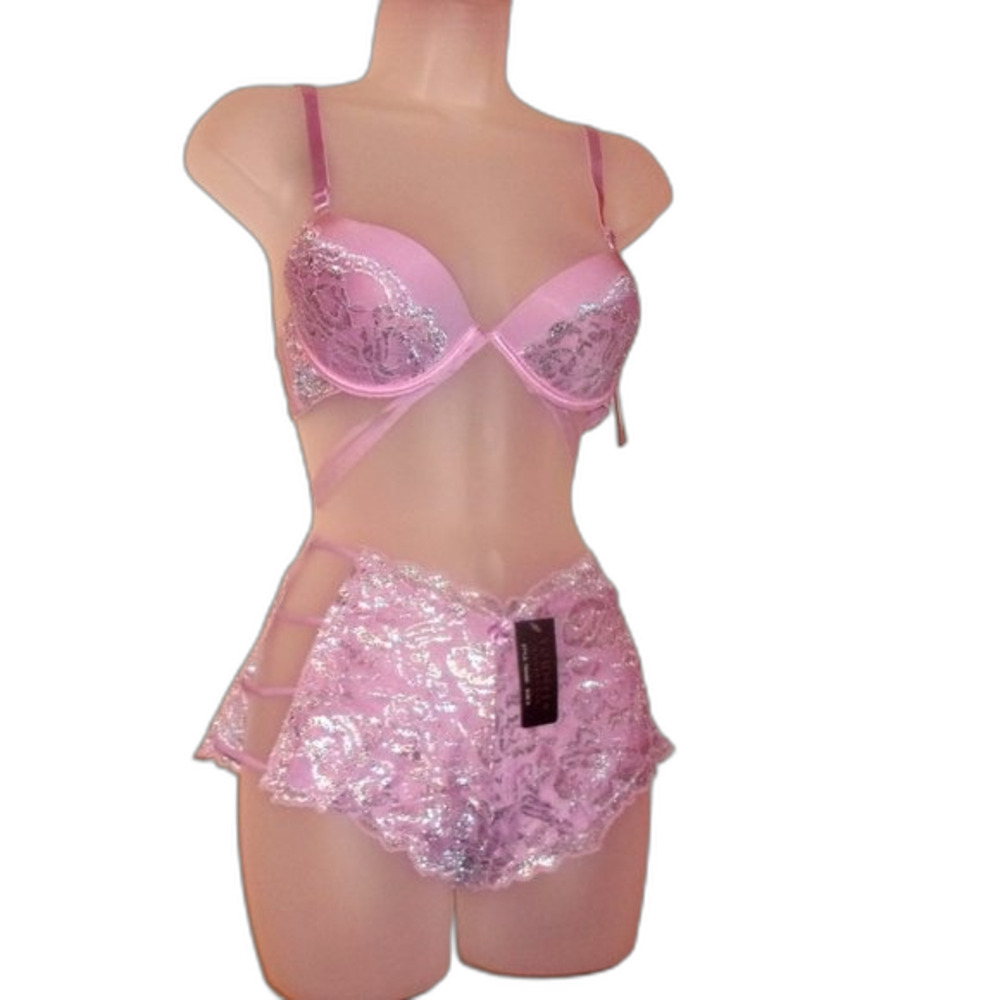 Youmita 34C Lavender Mist Metallic Lace Bra & Medium Coordinating Boyshorts NWT